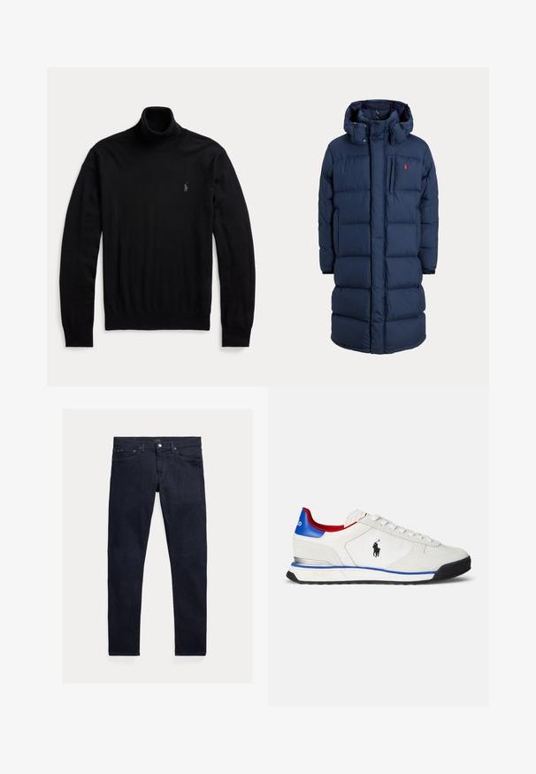 Marineblauer langer Steppmantel mit Kapuze, Frontreißverschluss, Druckknöpfen, Seitentaschen und kleinem roten Logo auf der Brust.; Schwarzer Langarm-Rollkragenpullover mit gerippten Bündchen und Saum, mit kleinem gesticktem Logo auf der linken Brust.; Dunkelblaue Denim-Jeans mit schmaler Passform. Mit fünf Taschen, einem Reißverschluss und einem metallischen Knopfverschluss. Glatte Oberfläche mit minimalem Ausbleichen.; Weißer Sneaker mit glatter Leder- und Textiloberfläche, mit blauen und roten Akzenten, einer schwarzen Sohle und einem kleinen Logo an der Seite.