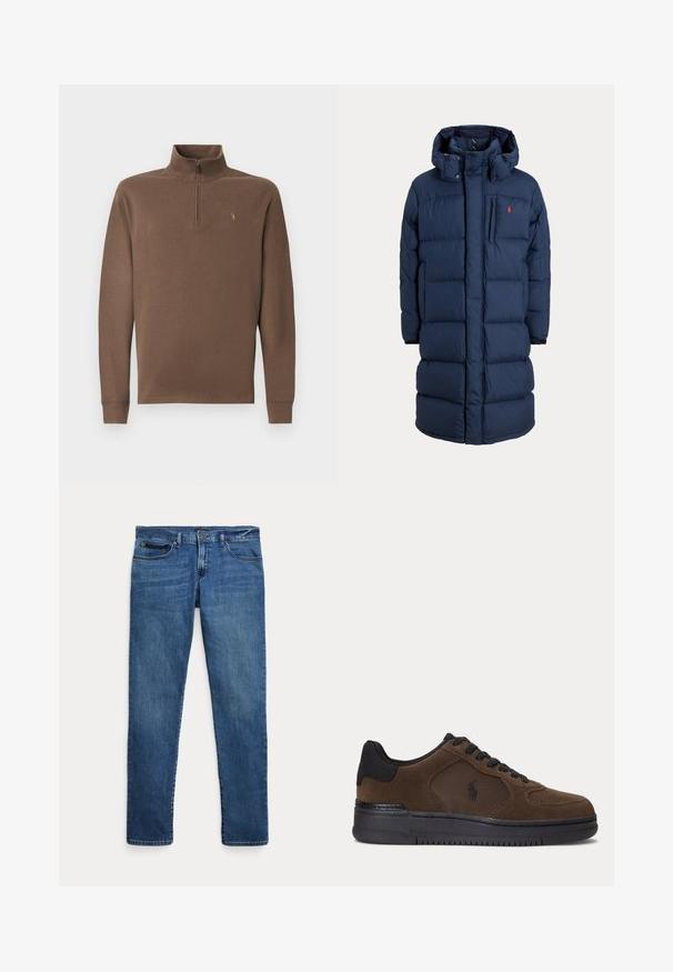 Long manteau matelassé bleu marine avec capuche, fermeture éclair à l’avant, boutons-pression, poches latérales et petit logo rouge sur la poitrine.; Pull marron avec un col montant et une fermeture éclair, fabriqué en matériau doux. Présente des manches longues et un petit logo sur la poitrine.; Jean en denim bleu à coupe slim, avec poches avant, passants pour ceinture et fermeture à bouton sur fond blanc.; Baskets basses marron foncé avec semelle noire, lacets noirs et panneau latéral en mesh avec un petit logo noir.