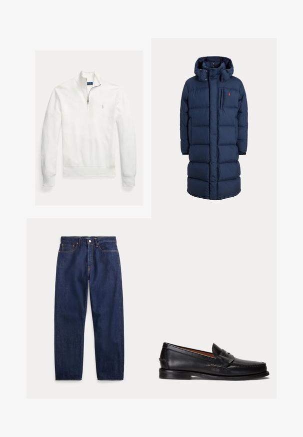 Navyblå lang dynejakke med hætte, frontlynlås, trykknapper, sidelommer og lille rødt logo på brystet.; Hvid, langærmet pullover-sweatshirt med en lynlåsskrave, vævet tekstur og et lille, gråt broderet logo på venstre bryst.; Mørkeblå denimjeans med lige ben, fem lommer, knaplukning og synlige syninger.; Sort læderloafer med lav hæl og pennyremdetalje, vist fra siden på en lysegrå baggrund.
