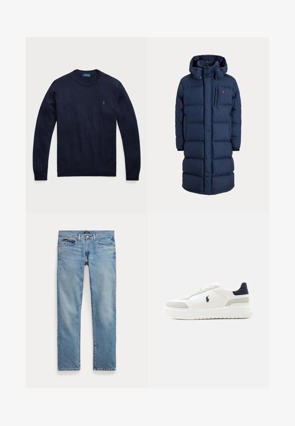 Marineblauwe lange donsjas met capuchon, ritssluiting aan de voorkant, drukknoopjes, zijzakken en klein rood logo op de borst.; Marineblauwe sweater met ronde hals, gemaakt van gebreide stof, met ribgebreide manchetten en zoom, en een klein geborduurd logo op de linkerborst.; Lichtblauwe recht gesneden spijkerbroek met voorzakken en knoopsluiting, plat gelegd op een witte achtergrond.; Witte lage sneaker met zwarte hielkap, grijze suède accenten, dikke zool en zwart Polo-logo aan de buitenkant.