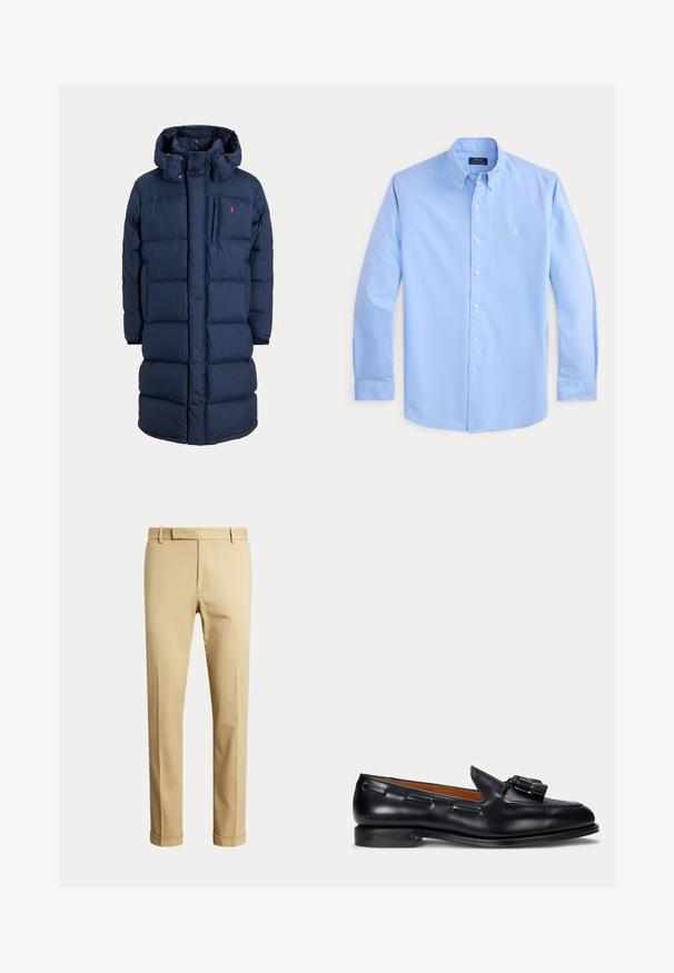 Marineblauwe lange donsjas met capuchon, ritssluiting aan de voorkant, drukknoopjes, zijzakken en klein rood logo op de borst.; Lichtblauw overhemd met lange mouwen met knopen, een kraag en een klein wit geborduurd Polo Ralph Lauren-logo op de linkerborst.; Beige op maat gemaakte herenbroek met riemlussen en omgeslagen pijpen, getoond tegen een effen lichte achtergrond.; Zwarte leren loafer met kwastdetail en lage hak, zijaanzicht tegen een effen achtergrond.