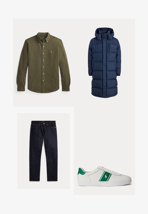 Marineblauwe lange donsjas met capuchon, ritssluiting aan de voorkant, drukknoopjes, zijzakken en klein rood logo op de borst.; Langarmig olijfgroen overhemd met knopen, kraag en klein geborduurd logo op de linkerborst.; Donker indigoblauwe rechte jeans met vijf zakken, knoop- en ritsluiting en contrasterende oranje stiksels op een effen achtergrond.; Witte lage sneaker met groene streep en Polo-logo aan de zijkant, groene hieltab en witte veters, vanaf de linkerkant getoond op een effen achtergrond.