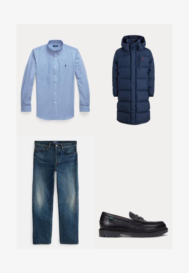 Laivastonsininen pitkä untuvatakki hupulla, edessä vetoketju, nepparit, sivutaskut ja pieni punainen logo rinnassa.; Polo Ralph Lauren CUSTOM FIT - Vapaa-ajan kauluspaita - blue/white; Indigon siniset farkut, joissa on suora lahje, viiden taskun malli ja hentoa haalistumaa reisien kohdalla. Metallinen nappi ja vetoketjukiinnitys.; Musta nahkainen loafer, jossa paksu uritettu pohja ja pieni vihreä "Polo"-lippu ulkoreunassa lähellä kantapäätä.