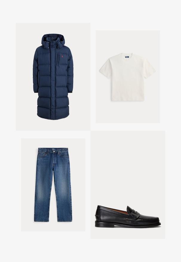 Long manteau matelassé bleu marine avec capuche, fermeture éclair à l’avant, boutons-pression, poches latérales et petit logo rouge sur la poitrine.; T-shirt blanc uni à manches courtes avec encolure ronde et une petite étiquette Polo by Ralph Lauren à l'intérieur du col.; Jean droit en denim bleu avec détails délavés, cinq poches, passants pour ceinture et fermeture par bouton et fermeture éclair, étiquette Polo Ralph Lauren à l'intérieur.; Mocassin en cuir noir avec un petit talon et une bride penny, vu de côté sur un fond gris clair.