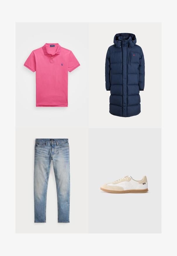 Navyblå lang dynejakke med hætte, frontlynlås, trykknapper, sidelommer og lille rødt logo på brystet.; Lyserød polo-shirt lavet af bomuld, kortærmet, med krave og to knapper foran. Har et broderet blåt logo på venstre bryst.; Lys blå denimjeans med en falmet finish, fem-lomme design og kontraststing. Har lynlås og bæltesløjfer. Lige pasform.; Hvid sneaker med lysebeige ruskindsdetaljer, perforeret detaljering, flade snørebånd og sål i gummigummi. Indeholder stribet branding på hælen.