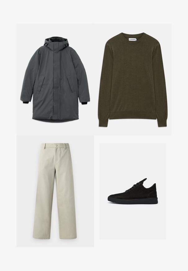 Lang, grå dunfrakke med hætte, der har trykknaplukning, to sidelommer og sorte strikkede manchetter. Glat, vandafvisende stof.; Mørkegrøn, langærmet sweater med ribbede manchetter og kant. Lavet af blødt materiale, med en klassisk rund hals og minimalistisk design.; Han Kjøbenhavn WIDE LEG - Bukser - light grey; Sorte ruskind sneakers med lav profil, rund tå og struktureret gummisål. Har fem snøringer og en bageste pull tab.