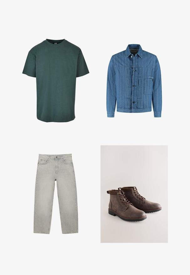 Blauwe spijkerjack met verticale witte strepen, knoopsluiting, kraag, lange mouwen en een borstzak aan de linkerkant met borduurwerk detail.; Donkergroene katoenen t-shirt met een ronde hals, korte mouwen en een rechte zoom. Zachte textuur, casual pasvorm en een eenvoudig ontwerp.; Lichtgrijze denim jeans met een hoge taille, rechte pijpen, knoopsluiting aan de voorkant en vijf zakken, plat gelegd op een witte achtergrond.; Bruine leren enkellaarzen met een ronde neus, voorzien van veters, metalen oogjes, een corduroy kraag en een gestructureerde rubberen zool.