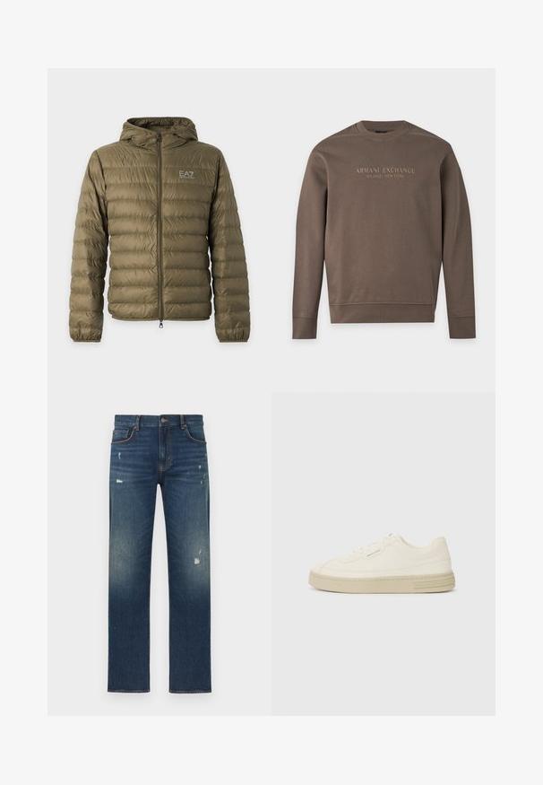 Olijfgroene doorgestikte pufferjas met capuchon, volledige ritssluiting aan de voorkant, elastische manchetten en wit EA7 Emporio Armani-logo op de linkerborst.; Bruine trui met lange mouwen en ronde hals met "Armani Exchange Milano / New York" bedrukt over de borst.; Blauwe spijkerbroek met een rechte pijp, voorzien van lichte slijtage en vervaging, vijf zakken en een knoopsluiting in de taille.; Witte canvas sneakers met een gestructureerde rubberen zool, featuring een gestikte neuskap en logo-accent op de hak. Eenvoudig vetersluiting ontwerp.