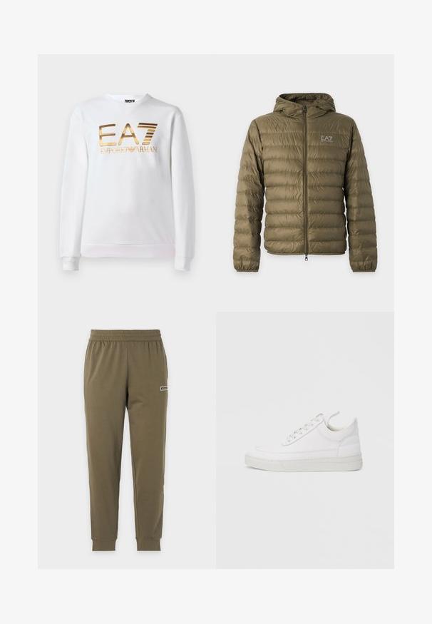 Olivengrøn quiltet dunjakke med hætte, fuld lynlås foran, elastiske manchetter og hvid EA7 Emporio Armani-logo på venstre bryst.; Hvid sweatshirt lavet af bomuld med lange ærmer og rund halsudskæring. Har et metallisk guld logo "EA7 EMPORIO ARMANI" på forsiden.; Olivengrønne joggebukser med elastik i taljen, opsmøgede ankler og lille EA7-logo på højre lår.; Hvid lædersneaker med rundet tå, flad sål og snørebånd foran. Har syningsdetaljer og polstret krave for komfort.