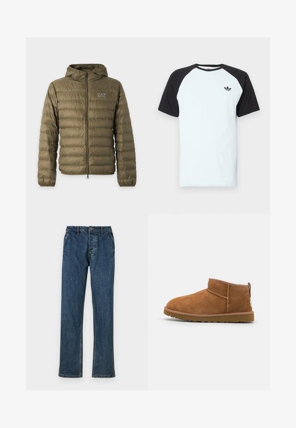 Olivovo zelená prešívaná páperová bunda s kapucňou, plný predný zips, elastické manžety a biele logo EA7 Emporio Armani na ľavej strane hrudníka.; Svetlomodré tričko s čiernymi raglánovými rukávmi, okrúhlym výstrihom a malým čiernym logom na hrudi. Hladká tkanina, neformálny strih.; Modré denimové džínsy so strihom rovného noha, dizajnom s piatimi vreckami a gombíkovým zapínaním. Tkanina vykazuje jemnú textúru so zosvetlenými akcentami.; Svetlohnedé semišové kotníkové boty s kulatou špičkou, jemnými stehy a texturovanou gumovou podrážkou. Krátká výška bez šněrování.
