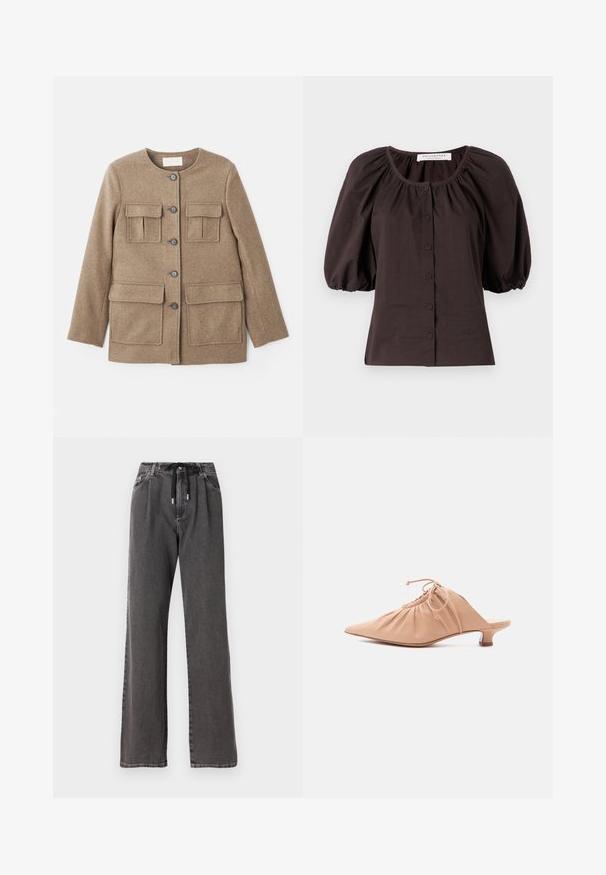 Vanessa Bruno ENGEL - Klassisk frakke - marron chine; Mørkebrun bluse med puffærmer, rund halsudskæring og seks knapper foran. Lavet af letvægtsstof med en tekstureret overflade.; Løsgribede grå denim bukser med snoretræk i taljen og forlommer, fremstillet af blød, robust bomuldsstof.; Beige dames mule i læder med spids tå, rynket overdel, snøre og lav kittenhæl på hvid baggrund.