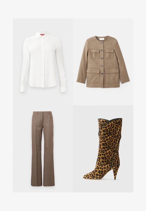 Vanessa Bruno ENGEL - Manteau classique - marron chine; Chemise blanche à manches longues en tissu lisse, dotée d'un col classique, d'une fermeture à boutons sur le devant et de manches à poignets. Design minimaliste sans motifs.; Pantalons à carreaux marron avec une coupe évasée, des poches frontales et une finition texturée, présentant un motif subtil sur l'ensemble.; Botte à talons hauts mi-mollet en tissu imprimé léopard avec un bout pointu et des détails en noir sur fond blanc.