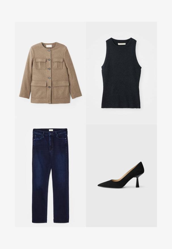 Vanessa Bruno ENGEL - Mantel - marron chine; Mouwloze donkergrijze gebreide tanktop met ronde hals, plat gelegd op een witte achtergrond.; Donkerblauwe spijkerbroek met slim fit, vijf zakken, stikselaccenten en rechte pijpen. Voorzien van een knoop- en ritssluiting.; Zwarte suède high-heeled pump met een spitse neus, voorzien van een glanzende zwarte blokhak en een gladde binnenvoering.