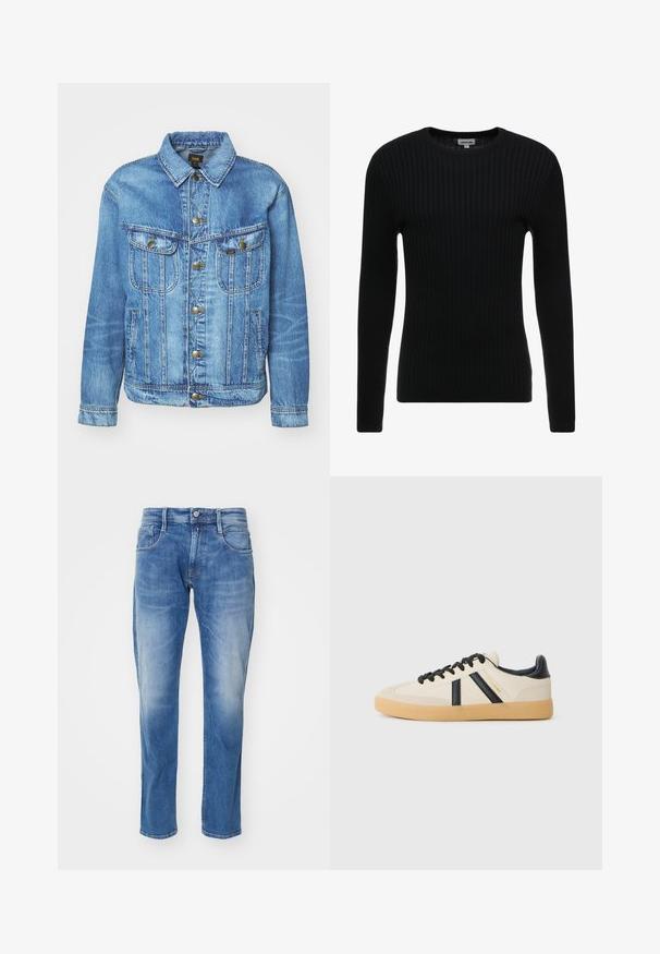 Lichtblauwe denimjas met een klassiek ontwerp, voorzien van een knoopsluiting, twee borstzakken en een kraag. Zachte textuur, casual stijl.; Zwarte geribbelde lange mouwen trui met een ronde hals; gestructureerde stof met verticale lijnen; slim fit silhouet; geen zichtbare versieringen of accenten.; Lichtblauwe denim jeans met een rechte pasvorm, vijf-pocket ontwerp, subtiele vervaging en een standaard tailleband met knoopsluiting.; Casual sneakers in crème met zwarte strepen, voorzien van een gestructureerde bovenkant en een gumrubberen zool. Veters zijn zwart. Subtiel logo aan de zijkant.