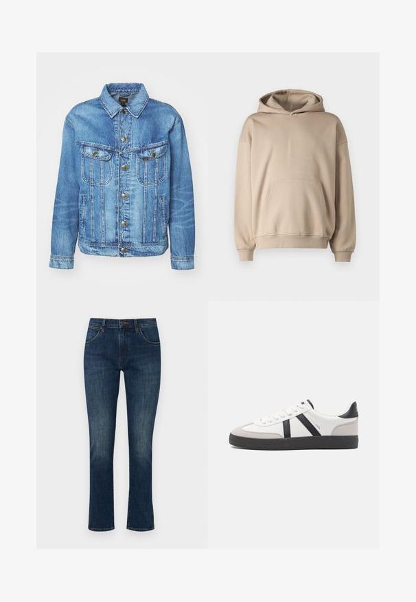 Hellblauer Denimjacke im klassischen Design, mit Knopfverschluss, zwei Brusttaschen und einem Kragen. Weiche Textur, lässiger Stil.; Beige Kapuzenpullover, weicher Stoff, lockere Passform, Kängurutasche, gerippte Bündchen und Saum, minimalistisches Design, glatte Textur.; Dunkelblaue Denim-Jeans mit schlanker Passform und geradem Bein. Verfügt über fünf Taschen und einen Knopfverschluss. Leichtes Ausbleichen an den Oberschenkeln.; Weiße Sneaker mit schwarz- und grau-aczenten, ausgestattet mit einer strukturierten grauen Zehenkappe, schwarzer Gummi-Sohle und flachen weißen Schnürsenkeln. Sauberes Design, minimalistische Stil.