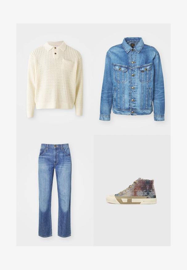 Lichtblauwe denimjas met een klassiek ontwerp, voorzien van een knoopsluiting, twee borstzakken en een kraag. Zachte textuur, casual stijl.; Lichte crème gebreide pullover met een textuurpatroon, een placket met twee knopen en een borstzak. Heeft geribbelde manchetten en een zoom.; Blauwe denim jeans met een rechte pasvorm, lichte wassing, vijf zakken, bronzen knop en contrasterende stiksels bij de naden.; High-top sneakers met een meerkleurig canvas bovenwerk met vervaagde patronen, beige zool en een minimalistisch ontwerp. Blootgestelde stiksels en accenten.