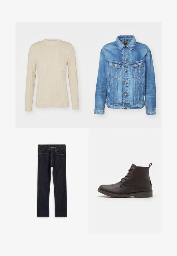 Lichtblauwe denimjas met een klassiek ontwerp, voorzien van een knoopsluiting, twee borstzakken en een kraag. Zachte textuur, casual stijl.; Kabelgebreide trui in lichtcreme. Heeft een ronde hals, lange mouwen, geribbelde boorden en zoom, met een gestructureerd oppervlakpatroon.; Donkerblauwe recht gesneden denim jeans met voorkruiken, riemlussen en contrasterende oranje stiksels, plat gelegd op een witte achtergrond.; Bruine leren enkellaarzen met een gladde textuur, ronde neus, zes metalen oogjes en een trekband aan de achterkant. Platte rubberen zool.