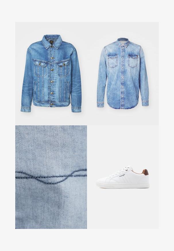 Lyseblå denimjakke med klassisk design, der har knaplukning, to brystlommer og en krave. Blød tekstur, afslappet stil.; Lysblå denimskjorte med lange ærmer, knap-ned krave, to brystlommer og kontrastsyetning. Rundet kant og klassisk pasform.; Lyseblåt denimstof med en synlig buet søm. Teksturen ser glat ud, med ensartet syning i mørkeblå tråd.; Hvid lavtop-sneaker med hvide snørebånd, perforerede detaljer, "Wrangler"-logo på siden og brun hælaccents på ensfarvet baggrund.