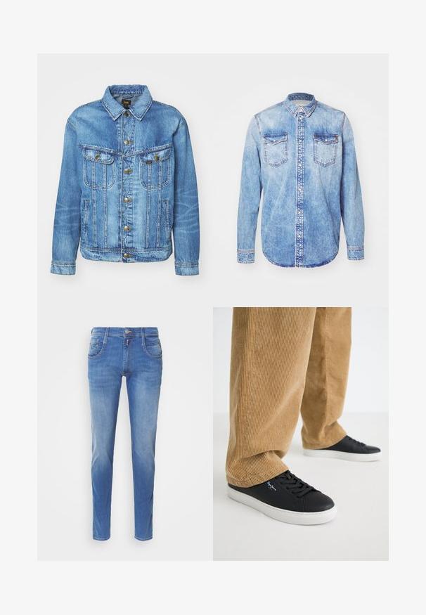 Lyseblå denimjakke med klassisk design, der har knaplukning, to brystlommer og en krave. Blød tekstur, afslappet stil.; Lysblå denimskjorte med lange ærmer, knap-ned krave, to brystlommer og kontrastsyetning. Rundet kant og klassisk pasform.; Blå denimjeans med slim fit. Har fem lommer, lukning med knap foran og let falming på benene. Lige benudskæring.; Sorte lædersneakers med hvide gummisåler. Båret med tanfarvede corduroybukser med vertikale ribber og en afslappet pasform.