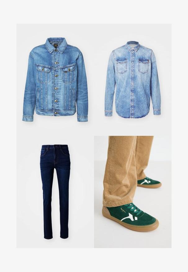 Lyseblå denimjakke med klassisk design, der har knaplukning, to brystlommer og en krave. Blød tekstur, afslappet stil.; Lysblå denimskjorte med lange ærmer, knap-ned krave, to brystlommer og kontrastsyetning. Rundet kant og klassisk pasform.; Mørkeblå denimjeans med lige pasform, fem-lomme design og diskret syning. Stoffet har en glat tekstur.; Grønne svineder sko med hvide accenter og grønne snørebånd. Gummisål, rund tå og tan detaljer på hælen. Båret med fløjl bukser.
