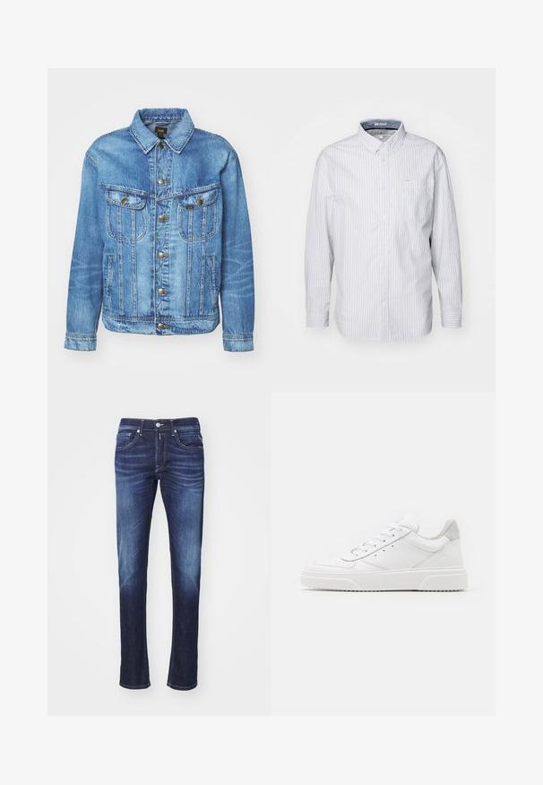 Hellblauer Denimjacke im klassischen Design, mit Knopfverschluss, zwei Brusttaschen und einem Kragen. Weiche Textur, lässiger Stil.; Langärmliges Hemd mit Knopfleiste in Hellblau mit weißen Streifen. Verfügt über einen Kragen, eine Brusttasche und glattes Baumwollmaterial.; Dunkelblaue Jeans aus Denim mit geradem Schnitt, ausgestattet mit fünf Taschen, einem Knopfverschluss und sanften Verwaschungen entlang der Oberschenkel.; Weiße Leder-Sneaker mit glatter Oberfläche, rundem Zehenbereich, flachen Schnürsenkeln und strukturiertem Schuhsohlen. Graues Wildleder-Detail an der Ferse.