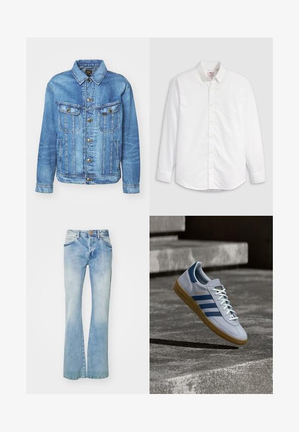 Lyseblå denimjakke med klassisk design, der har knaplukning, to brystlommer og en krave. Blød tekstur, afslappet stil.; Hvid skjorte med knapper, lavet af bomuld, med lange ærmer, krave og en buet kant. Har gule knapper og diskret branding.; Lysblå flagrende jeans lavet af denim, med en falmet vask, forlommer, bæltestropper og en kobberknaplukning.; Lyseblå Adidas Spezial sneakers med marineblå striber og gummisål, vist i luften over betontrapper i et neutralt udendørsmiljø.