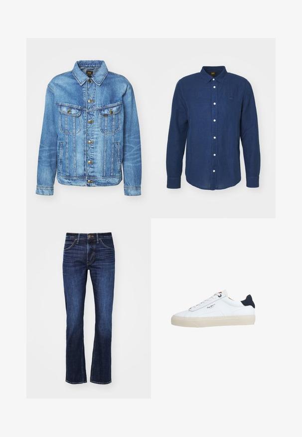Veste en denim bleu clair au design classique, avec fermeture à boutons, deux poches poitrine et col classique. Texture douce, style décontracté.; Chemise à manches longues bleu foncé avec un col boutonné, boutons blancs et un logo brodé discret sur la poitrine. Texture douce, coupe droite.; Jean en denim bleu foncé avec une coupe droite, comportant cinq poches, une fermeture à bouton et un léger délavage à l'avant.; Baskets basses blanches avec semelle beige, lacets blancs, languette de talon noire et logo "Pepe Jeans London" sur le côté.