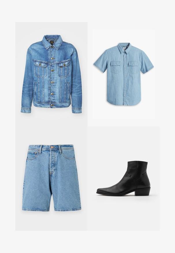 Hellblauer Denimjacke im klassischen Design, mit Knopfverschluss, zwei Brusttaschen und einem Kragen. Weiche Textur, lässiger Stil.; Himmelblaues kurzärmliges Hemd mit Knopfleiste aus Denim, ausgestattet mit zwei Brusttaschen mit vertikaler Naht und klassischem Kragen.; Helle Jeansshorts mit klassischer Passform, fünf Taschen und kontrastierenden Nähten. Mit Knopfverschluss und ausgefranstem Saum.; Schwarze Leder-Ankle-Boots mit spitzer Zehenpartie, minimalen Nähdetails, einem mittelhohen Blockabsatz und einer glatten, polierten Oberfläche.