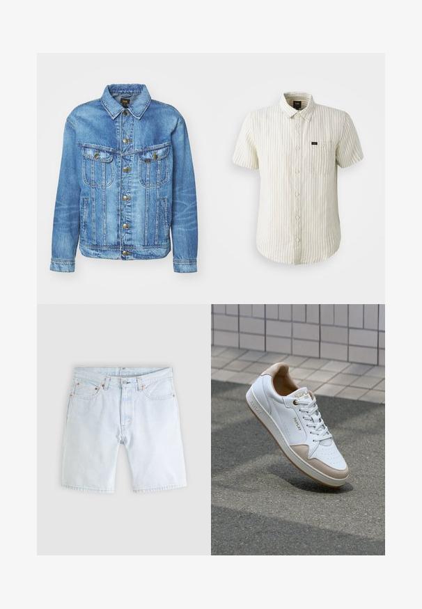 Lyseblå denimjakke med klassisk design, der har knaplukning, to brystlommer og en krave. Blød tekstur, afslappet stil.; Kortærmet skjorte i beige med lysegrå lodrette striber, der har en knap-op design, krave og en enkelt brystlomme.; Lyseblå denimshorts med knaplukning foran, lynlås, fem lommer og bæltestropper på en ensartet lys grå baggrund.; Hvide lædersneakers med beige ruskindsdetaljer, flade snørebånd, perforeret tåboks og guldlogo på tungen og siden.