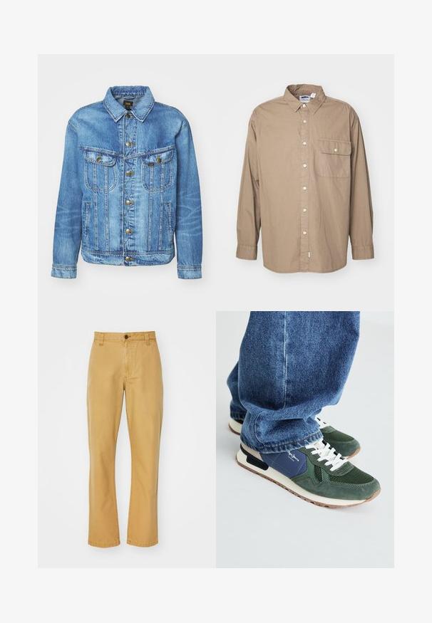 Chaqueta de mezclilla azul claro con un diseño clásico, con cierre de botones, dos bolsillos en el pecho y cuello con solapa. Textura suave, estilo casual.; Camiseta sin mangas, de mangas largas, de tela de algodón marrón claro, con botones en el frente, un bolsillo en el pecho con tapa, cuello clásico y dobladillo recto.; Chinos de algodón beige con corte recto, que presentan un cierre de botón, presillas para cinturón y detalles cosidos en el dobladillo.; Zapatillas verdes y navy con detalles de malla y ante, cordones blancos y suela beige. Llevadas con jeans de mezclilla azules, mostrando la zona del tobillo.