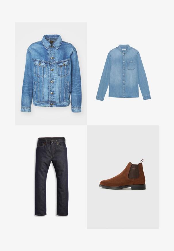 Lyseblå denimjakke med klassisk design, der har knaplukning, to brystlommer og en krave. Blød tekstur, afslappet stil.; Lys blå denim skjorte med knapper, lange ærmer, spids krave, en enkelt brystlomme og subtil falmning på stoffet.; Mørkeblå denimjeans med lige snit, fem-lomme design, metalbeslag og kontrasterende orange syninger. Glat tekstur, ingen synlige mønstre.; Brune ruskinds Chelsea-støvle med elastisk sideskilt, løkke til at trække i bagpå, sort sål og subtil "GANT" logo på sideskilt.