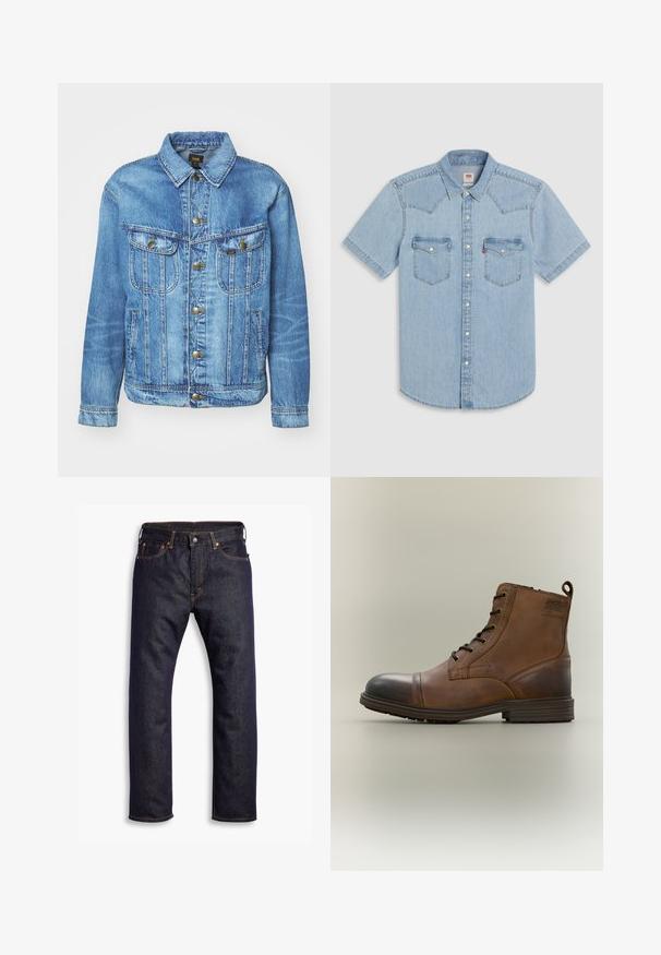 Hellblauer Denimjacke im klassischen Design, mit Knopfverschluss, zwei Brusttaschen und einem Kragen. Weiche Textur, lässiger Stil.; Hellblaues Jeanshemd mit kurzen Ärmeln, spitz zulaufender Passe, zwei Brusttaschen und Perlmutt-Druckknöpfen. Weiche Textur und legere Passform.; Dunkelblaue gerade geschnittene Jeans aus Denim mit fünf Taschen und orangefarbenen Kontrastnähten, flach auf einem weißen Hintergrund ausgelegt.; Brauner Leder-Schnürstiefel bis zum Knöchel mit schwarzer Zehenkappe, runder Sohle und Markenlabel an der Seite vor schlichtem Hintergrund.