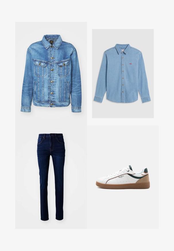Lichtblauwe denimjas met een klassiek ontwerp, voorzien van een knoopsluiting, twee borstzakken en een kraag. Zachte textuur, casual stijl.; Lichtblauwe denim shirt met lange mouwen, knoopsluiting aan de voorkant en een puntige kraag. Bevat bruine knopen en een kleine rode logopatch.; Donkerblauwe denim jeans met een rechte snit, vijf-pocketontwerp en subtiele stiksels. De stof heeft een soepele textuur.; Witte lage sneaker met een bruine zool, groene en beige accenten, witte veters en het "Pepe Jeans London"-logo aan de zijkant.