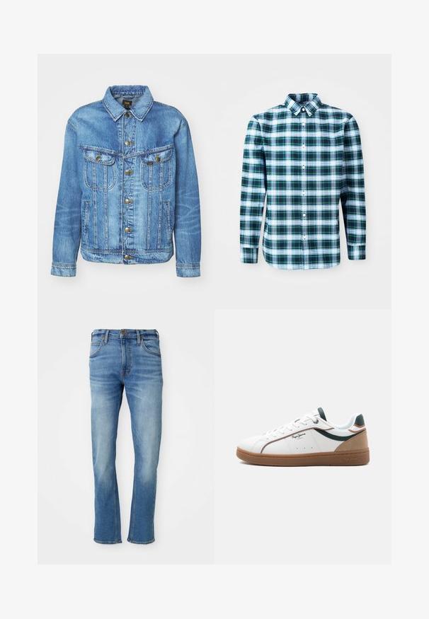 Chaqueta de mezclilla azul claro con un diseño clásico, con cierre de botones, dos bolsillos en el pecho y cuello con solapa. Textura suave, estilo casual.; Camisa de manga larga a cuadros verdes y blancos con collar tipo button-down y botones frontales. Hecha de una tela ligera, presenta un diseño estructurado.; Jeans de mezclilla de color azul claro con corte recto, que presentan un diseño clásico de cinco bolsillos, un sutil desgaste en la tela y detalles de costura en contraste.; Zapatilla baja blanca con suela marrón, detalles en verde y beige, cordones blancos y el logo "Pepe Jeans London" en el lateral.