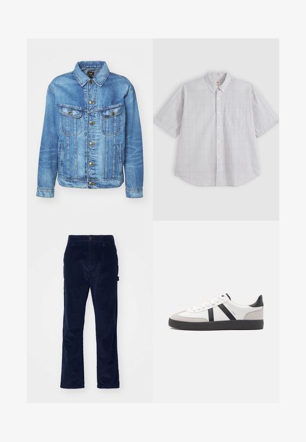 Veste en denim bleu clair au design classique, avec fermeture à boutons, deux poches poitrine et col classique. Texture douce, style décontracté.; Chemise gris clair à manches courtes avec boutons, motif à carreaux subtil, poche poitrine avant et col boutonné.; Pantalon en velours côtelé marine avec une coupe droite, présentant une texture à côtes verticales et une fermeture à bouton à l'avant.; Baskets blanches avec des accents noirs et gris, présentant un embout texturé gris, une semelle en caoutchouc noir et des lacets plats blancs. Design épuré, style minimaliste.