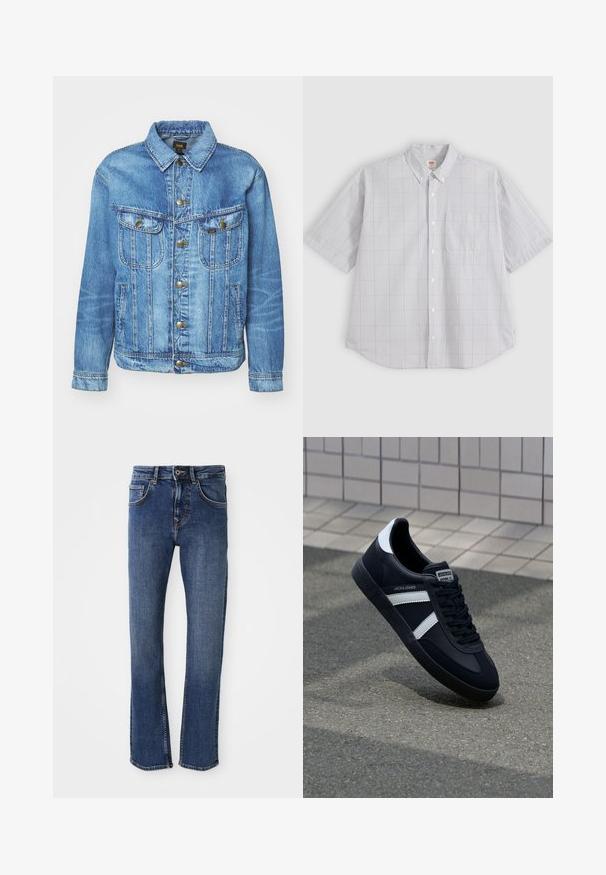Chaqueta de mezclilla azul claro con un diseño clásico, con cierre de botones, dos bolsillos en el pecho y cuello con solapa. Textura suave, estilo casual.; Camisa gris claro de manga corta con botones, patrón de cuadros sutil, bolsillo en el pecho delantero y cuello abotonado.; Jeans de mezclilla azul claro con un diseño de pierna recta, estilo de cinco bolsillos y cierre de botón metálico. Presenta costuras sutiles y una textura suave.; Zapatilla de cuero negra con rayas blancas, suela de goma texturizada y parte frontal con cordones. Cuenta con una etiqueta de marca en la lengüeta.