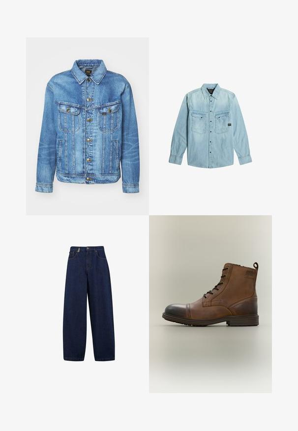 Hellblauer Denimjacke im klassischen Design, mit Knopfverschluss, zwei Brusttaschen und einem Kragen. Weiche Textur, lässiger Stil.; Hellblaues Denim-Hemd mit langen Ärmeln, Knopfverschluss, zwei vorderen Pattentaschen mit Knöpfen und klassischem Kragen.; Lässige, dunkelblaue Denim-Jeans mit hoher Taille, Fronttaschen und geradem Bein. Enthält silberfarbene Hardware und minimalistische Nähte.; Brauner Leder-Schnürstiefel bis zum Knöchel mit schwarzer Zehenkappe, runder Sohle und Markenlabel an der Seite vor schlichtem Hintergrund.