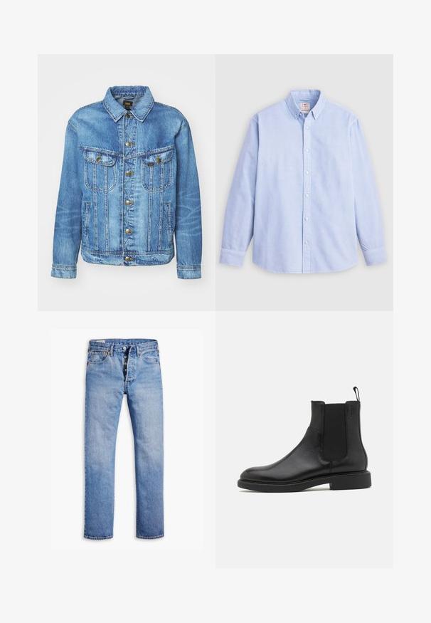 Veste en denim bleu clair au design classique, avec fermeture à boutons, deux poches poitrine et col classique. Texture douce, style décontracté.; Chemise à manches longues bleu clair, en coton, avec un col classique et une broderie de marque discrète sur la poitrine gauche.; Jeans en denim bleu clair avec une coupe droite, une fermeture à cinq boutons, des passants de ceinture et un délavage subtil. Dispose de deux poches avant et de rivets en cuivre.; Botte de cheville en cuir noir avec une texture lisse, des panneaux latéraux élastiques et une languette. Bout rond et semelle en caoutchouc plate avec un minimal de relief.