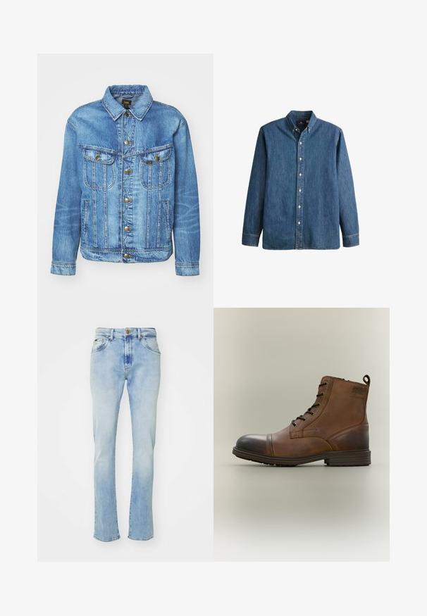 Lyseblå denimjakke med klassisk design, der har knaplukning, to brystlommer og en krave. Blød tekstur, afslappet stil.; Denim button-up skjorte i mellemblå, med lange ærmer, spidse kraver, hvide knapper og en tætsiddende pasform med diskret logo broderi.; Lyseblå denim jeans med lige pasform, der har fem lommer, knaplukning og subtil falming ved lårene og kanten.; Brun læderstøvle med snørebånd, sort tåhætte, rund sål og mærket detalje på siden mod ensfarvet baggrund.