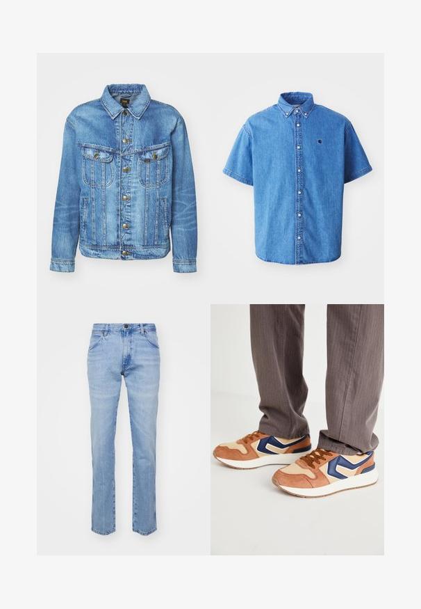 Veste en denim bleu clair au design classique, avec fermeture à boutons, deux poches poitrine et col classique. Texture douce, style décontracté.; Chemise en denim à manches courtes de couleur bleu clair avec un col boutonné, comportant un logo sur la poitrine et des détails de couture visibles.; Jean en denim bleu clair avec une coupe droite, cinq poches et une fermeture à bouton en métal. Présente des coutures le long des coutures et des ourlets.; Baskets mêlant suède beige et matériau synthétique crème, avec un accent bleu et une semelle texturée ; lacets marron ; portées avec un pantalon gris rayé.