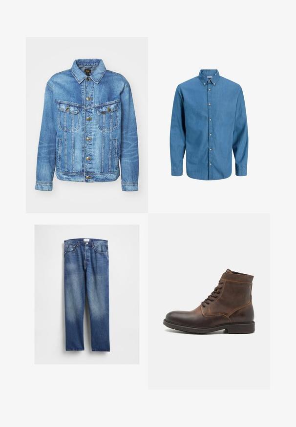 Lichtblauwe denimjas met een klassiek ontwerp, voorzien van een knoopsluiting, twee borstzakken en een kraag. Zachte textuur, casual stijl.; Blauw overhemdbloes gemaakt van denim, met een kraag en lange mouwen. Effen textuur met zichtbare knopen aan de voorkant.; Blauwe denim jeans met een rechte pijp, voorzien van vervaging aan de voorkant, klassiek vijfzakkenontwerp en metalen klinknagels bij de zakken.; Jack & Jones JFWDELANEY BOOT - Veterboots - cognac