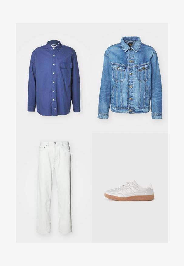 Lyseblå denimjakke med klassisk design, der har knaplukning, to brystlommer og en krave. Blød tekstur, afslappet stil.; Mørkeblå langærmet skjorte med knapper i vævet stof, med spidse kraver, forlommer og hvide knapper langs knapstolpen.; Hvide denimbukser med lige pasform, fem-lomme design, knaplukning og subtile syninger. Glat tekstur og minimalistisk stil.; Sølv sneakers med en glat overflade, snørebånd, perforerede detaljer og en struktureret brun gummi sål.