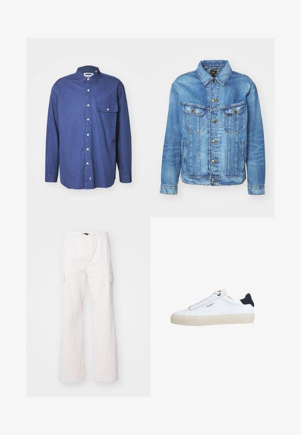 Lyseblå denimjakke med klassisk design, der har knaplukning, to brystlommer og en krave. Blød tekstur, afslappet stil.; Mørkeblå langærmet skjorte med knapper i vævet stof, med spidse kraver, forlommer og hvide knapper langs knapstolpen.; Denim Project DPMDPPARACHUTE CARGO PANTS - Cargobukser - jet stream; Hvid lavtop-sneaker med beige sål, hvide snørebånd, sort hælkappe og "Pepe Jeans London"-logo på siden.