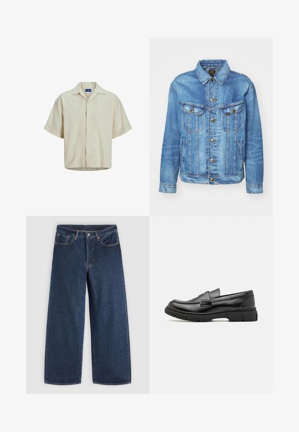 Lyseblå denimjakke med klassisk design, der har knaplukning, to brystlommer og en krave. Blød tekstur, afslappet stil.; Kortærmet skjorte i beige linned med knaplukning foran, med øje-detail langs center og ærmekanter. Lige kant.; Mørkeblå vidde jeans med forlommer, knaplukning og bæltestropper, lagt fladt på en lys baggrund.; Sort læder loafersko med en bred rem over forfoden, gummisål med tykke mønstre og glat overflade. Klassisk, slankt design.
