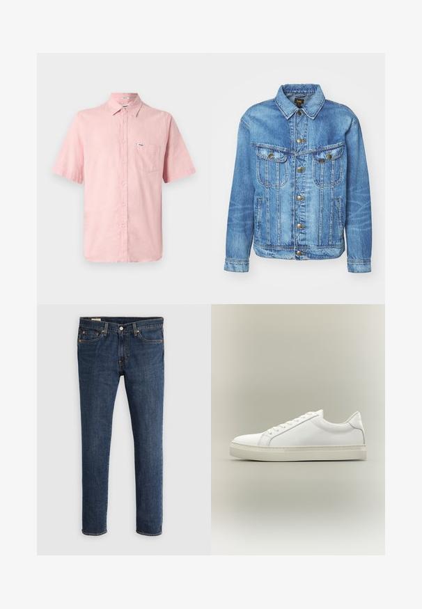 Hellblauer Denimjacke im klassischen Design, mit Knopfverschluss, zwei Brusttaschen und einem Kragen. Weiche Textur, lässiger Stil.; Hemd mit kurzen Ärmeln, Knopfleiste aus leichtem rosa Leinen, mit einer Brusttasche und einem kleinen Markenetikett auf der Brust. Mit Kragen.; Dunkelblaue Denim-Jeans mit geradem Bein. Ausgestattet mit Reißverschluss, fünf Taschen und kontrastierenden orangefarbenen Nähten.; Weißer Sneaker mit niedrigem Schaft, vorn mit Schnürung und dicker Sohle, aus der Seitenansicht vor neutralem Hintergrund.