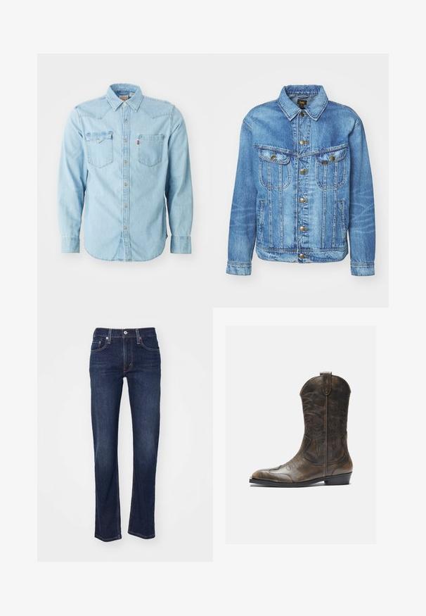 Lyseblå denimjakke med klassisk design, der har knaplukning, to brystlommer og en krave. Blød tekstur, afslappet stil.; Lys blå denim skjorte med lange ærmer, spids krave, to brystlommer, sølvnapsknapper og kontrastsyninger. Glat tekstur.; Mørkeblå denim jeans med lige benudskæring, der har et traditionelt fem-lomme design og syede detaljer ved sømmene.; Brune læder cowboystøvle med en høj skaft, spids tå, intrikate syning mønstre og en lille hæl. Struktureret finish hele vejen igennem.