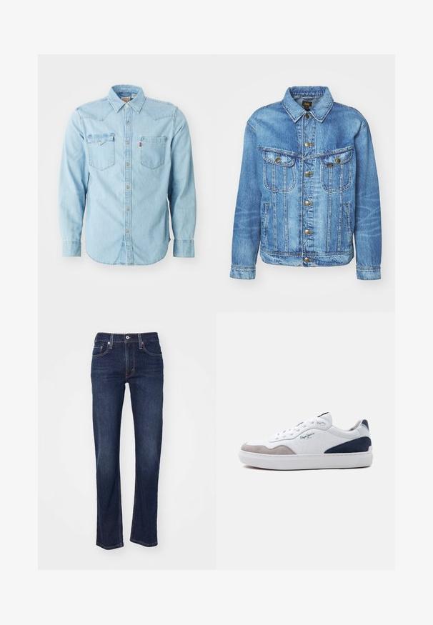 Lyseblå denimjakke med klassisk design, der har knaplukning, to brystlommer og en krave. Blød tekstur, afslappet stil.; Lys blå denim skjorte med lange ærmer, spids krave, to brystlommer, sølvnapsknapper og kontrastsyninger. Glat tekstur.; Mørkeblå denim jeans med lige benudskæring, der har et traditionelt fem-lomme design og syede detaljer ved sømmene.; Hvid sneakers med lavt skaft med grå ruskind foran, navy ruskind bagpå, hvide skosnørebånd og "Pepe Jeans"-logo på siden.