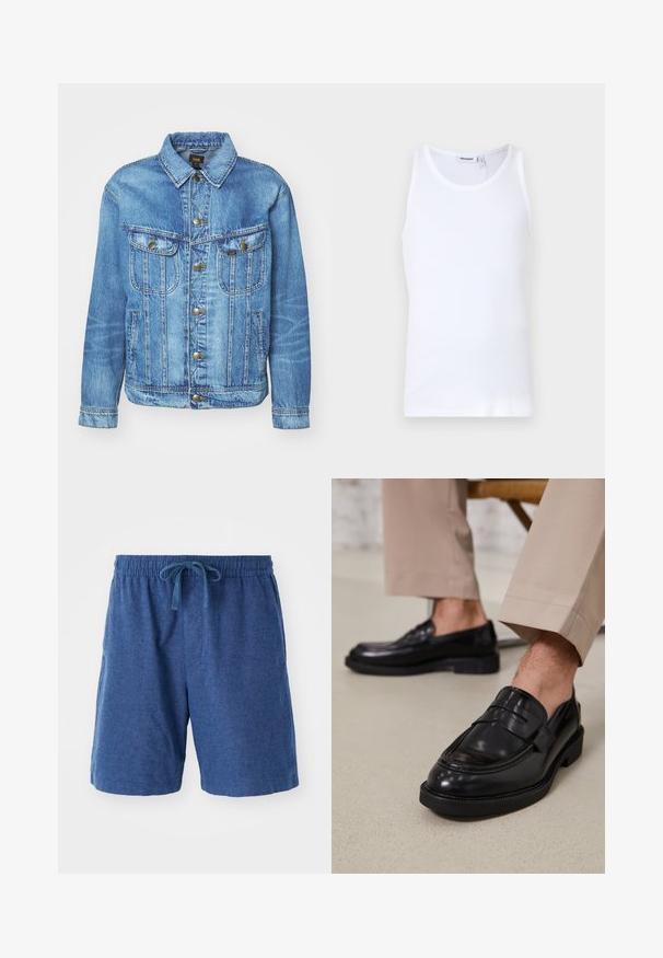 Veste en denim bleu clair au design classique, avec fermeture à boutons, deux poches poitrine et col classique. Texture douce, style décontracté.; Débardeur en coton blanc avec un col rond et des bretelles larges. Texture lisse, sans motifs, design épuré et étiquette de marque au niveau du col.; Shorts tissés bleus avec une taille élastique, fermeture à cordon et poches latérales. Longueur courte avec une surface lisse et texturée.; Mocassins en cuir noir avec une finition lisse, ornés d'une sangle décorative et de coutures contrastées, associés à un pantalon beige.