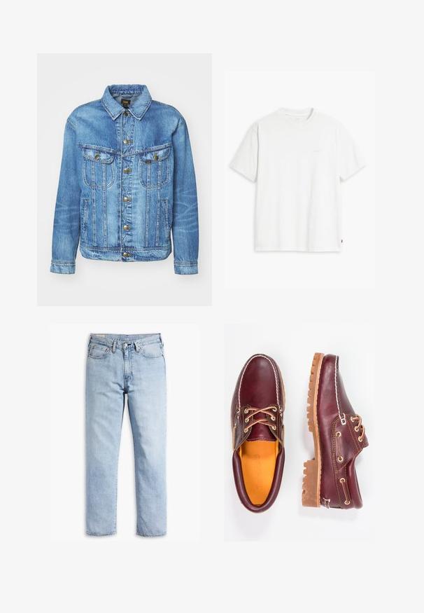 Hellblauer Denimjacke im klassischen Design, mit Knopfverschluss, zwei Brusttaschen und einem Kragen. Weiche Textur, lässiger Stil.; Weißes Baumwoll-T-Shirt mit kurzen Ärmeln, rundem Ausschnitt und einem dezenten "Levi's"-Logo in heller Farbe auf der Vorderseite.; Hellblaue Denim-Jeans mit geradem Bein, fünf Taschenstil und robusten Nähten. Ausgestattet mit einem Reißverschluss und einem Metallknopf.; Bordeauxfarbene Lederschuhe mit braunen Gummisohlen, runder Zehenform, weißen Nähten und goldenen Ösen. Das Innenfutter weist eine gelbe Beschichtung auf.