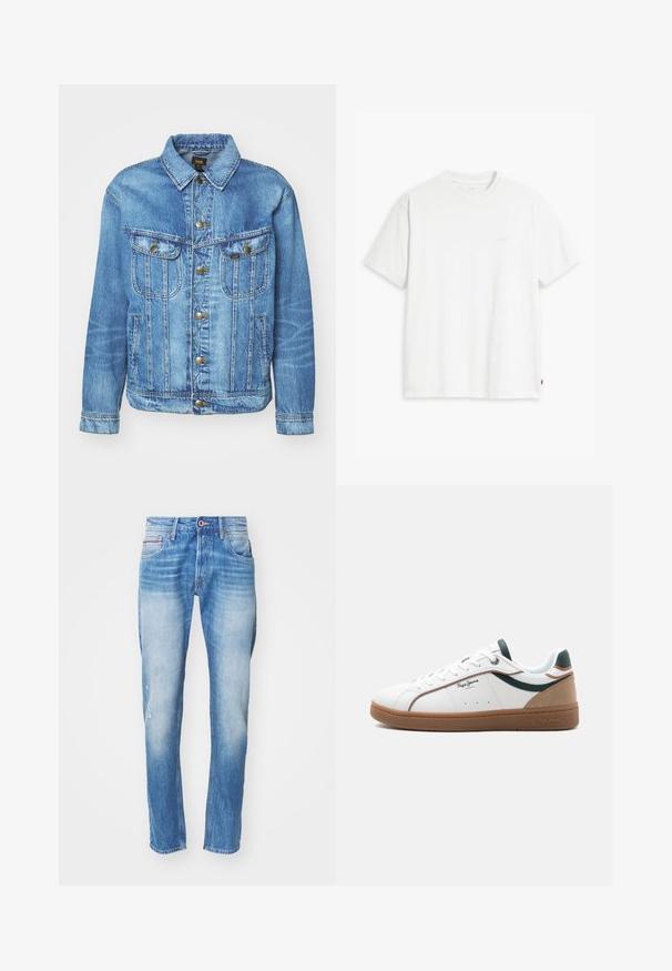 Lyseblå denimjakke med klassisk design, der har knaplukning, to brystlommer og en krave. Blød tekstur, afslappet stil.; Hvid t-shirt i bomuld med korte ærmer, rund halsudskæring og en diskret "Levi's"-logo trykt i lyse farver på forsiden.; Lysblå denimjeans med slim fit, der har slidte områder, et revne på venstre knæ og fem-lomme stil.; Hvid lavtop sneaker med brun sål, grønne og beige accenter, hvide snørebånd og "Pepe Jeans London"-logo på siden.